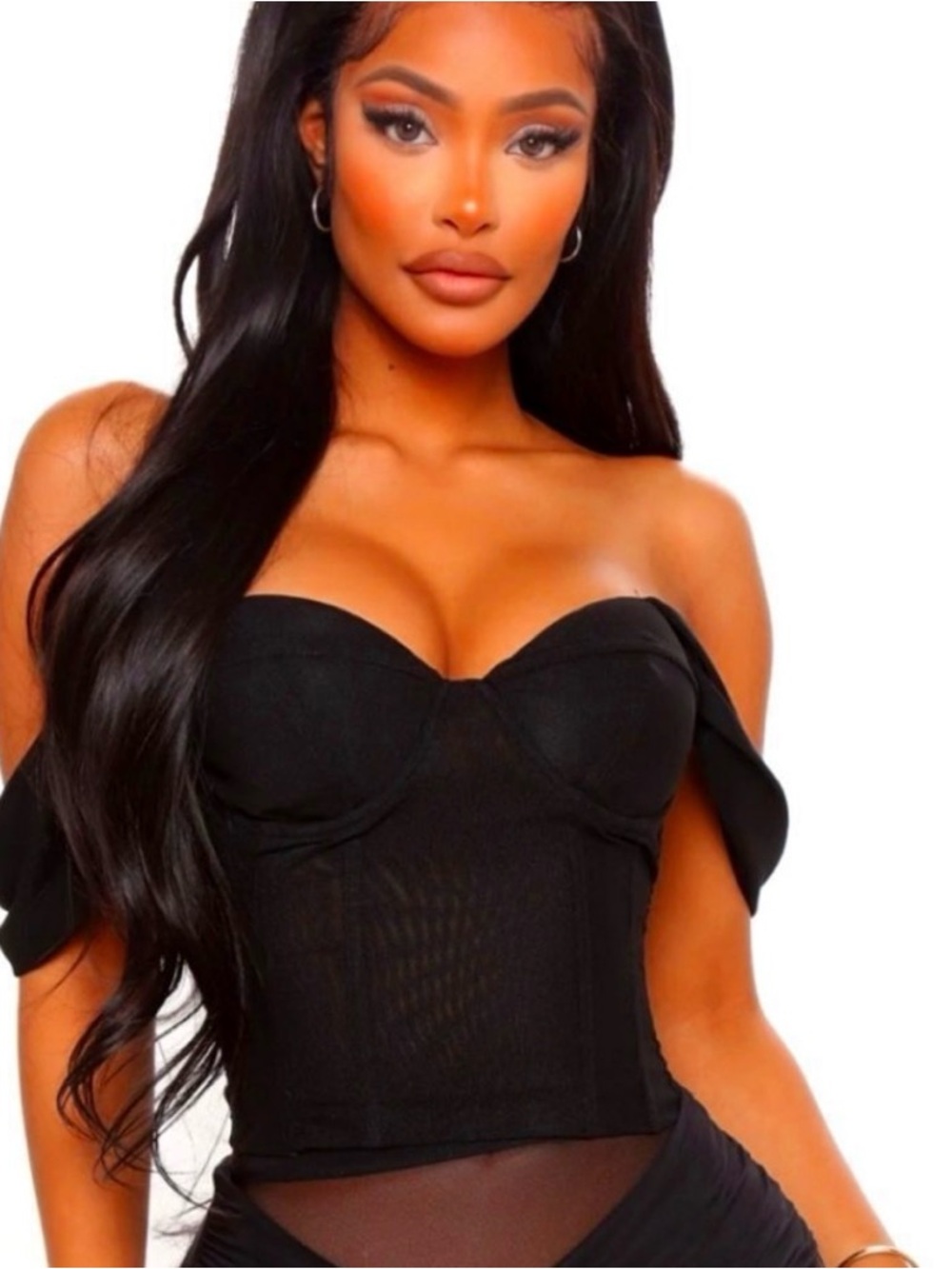 Fashion Nova Black Mesh Bustier Top with Off the Shoulder Sleeves